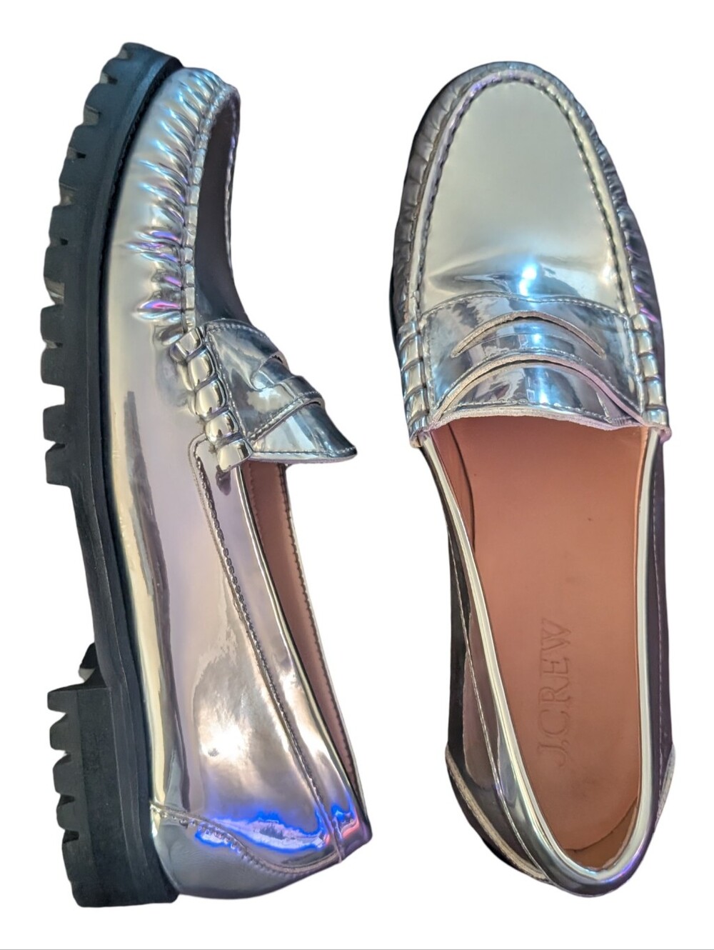 J.Crew Winona loafers  metallic leather finish and a chunky lug Sole  size 10